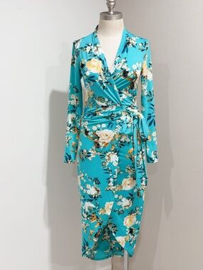 Rachel Roy Women's Teal Green Floral Print Long sleeve Faux Wrap Dress Size XS
